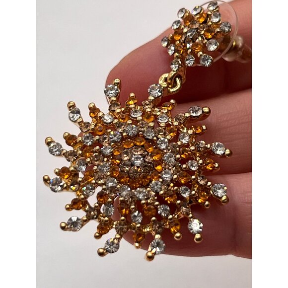 Pierced Earrings 2" Long Fiery Sun Burst and Gold Plated Stunning Earrings - Picture 5 of 10